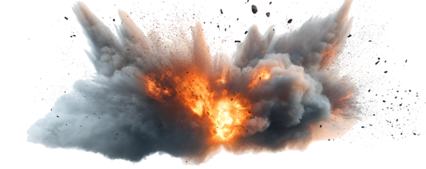 A digital depiction of an explosion with thick black smoke rising above a bed of orange flames against a white background PNG.AI GENERATED