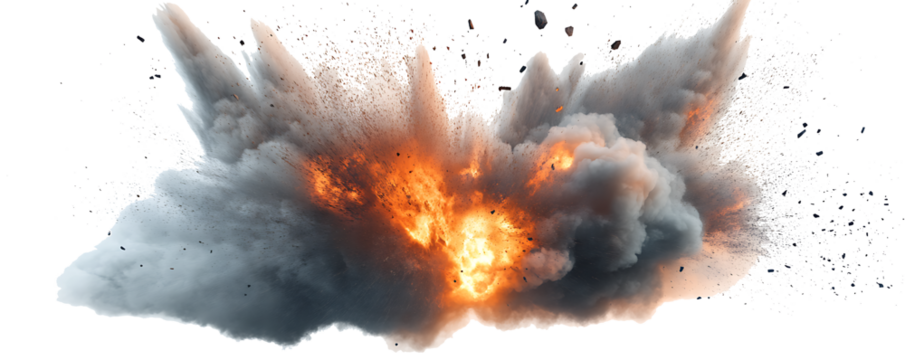 A digital depiction of an explosion with thick black smoke rising above a bed of orange flames against a white background PNG.AI GENERATED