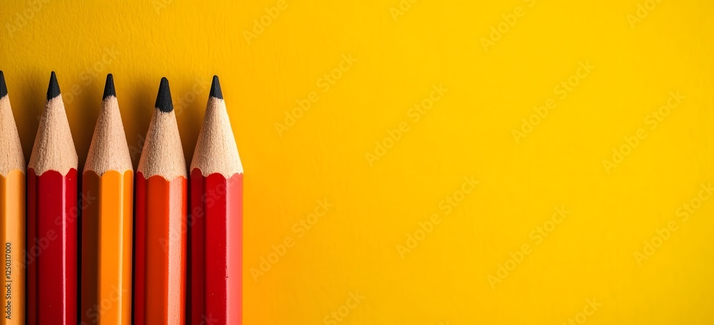 Poster assorted colored pencils arranged on yellow background for creative brainstorming and planning