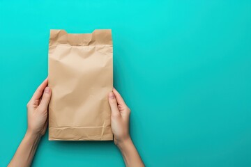 Simple brown paper bag held against a vibrant turquoise backdrop, ideal for emphasizing eco-friendly packaging in ads.
