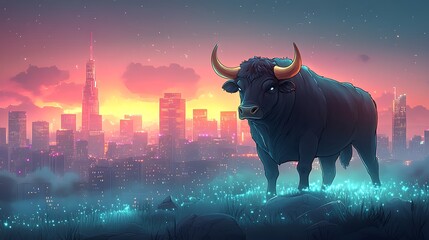 A powerful black and gold bull standing tall in front of a digital financial skyline filled with futuristic stock charts