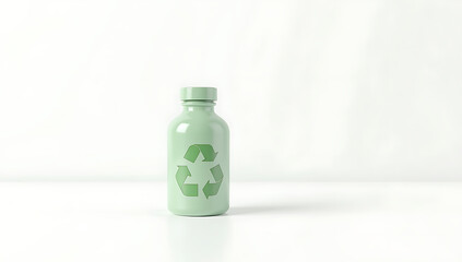 Obraz premium A simple 3D render of a reusable water bottle with a green recycling symbol, symbolizing sustainable living, placed on a plain white background.
