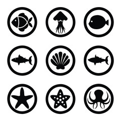 Silhouettes of Marine Life Vector Set of Fish, Sharks, and Dolphins