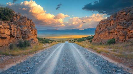 Sunset Over the Gravel Road in the Mountains