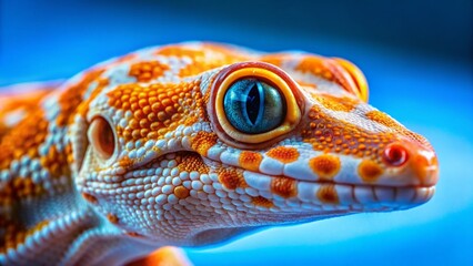 Vintage Close-up of Vibrant Orange and White Gecko on Blue Background