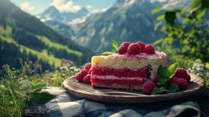 An outdoor picnic scene with a slice of raspberry cake on a rustic plate, topped with fresh mint leaves and raspberries, surrounded by greenery and a mountain range in the distance