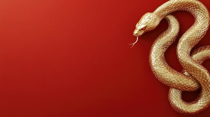 Obraz premium A graceful golden snake coiled elegantly around a blank card, set against a rich red backdrop for New Year 2025 designs.