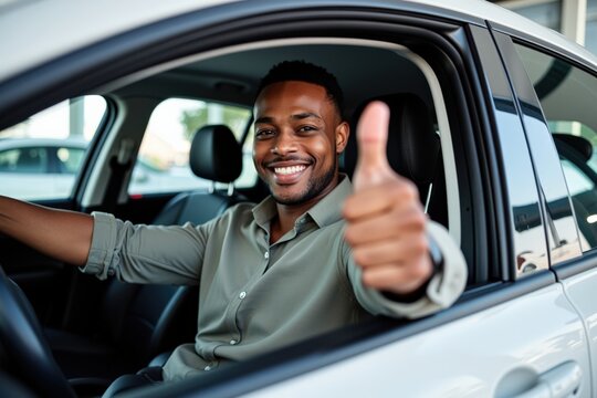 A Joyful Young Black Man Posing Inside His New Car with a Thumbs Up Gesture, Celebrating a Successful Purchase in a Car Dealership Setting