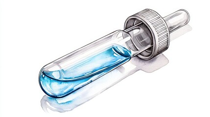 Watercolor Illustration of Glass Dropper Bottle with Light Blue Liquid