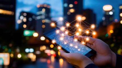 Fototapeta premium Person Using Smartphone Showing Digital Network At Night In City