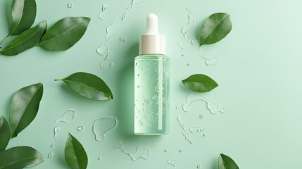 A modern skincare serum bottle with scattered liquid drops, isolated on a refreshing pastel mint background.