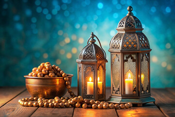 Ramadan lanterns on wooden table with bokeh background.  Possible use Stock photo