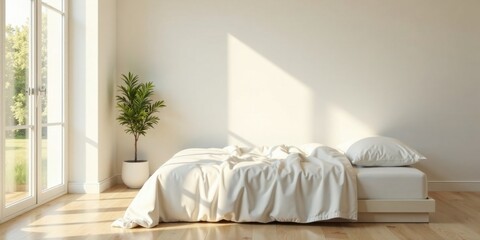 Serene Bedroom with Natural Light Illuminating Crisp White Bedding and a Minimalist Plant