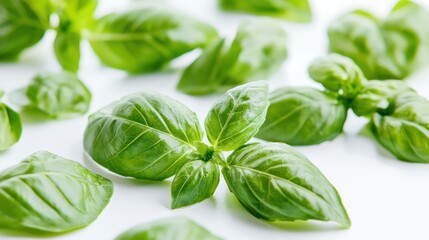 Obraz premium Close-up macro shot of fresh basil leaves isolated against a white backdrop, emphasizing their delicate green color and texture.