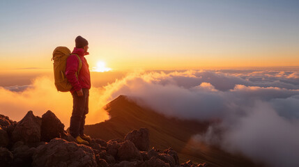 Fototapeta premium man standing on mountain in sunlight