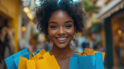 Happy woman shopping bags city street retail therapy