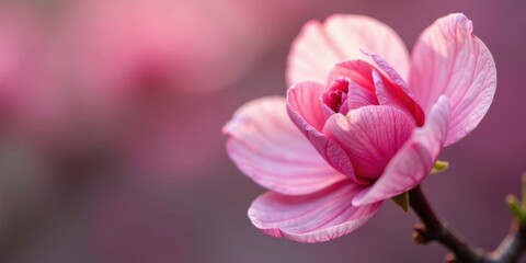 A Delicate Pink Magnolia Blossom in Soft Focus, Displaying Intricate Petal Details and a Gentle, Romantic Atmosphere