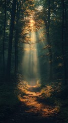 Obraz premium Sunbeams Illuminating a Forest Path