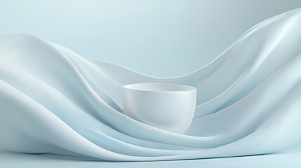 Fototapeta premium A sleek face mask container surrounded by flowing cream textures, creating a soft and elegant design on a pale blue backdrop.