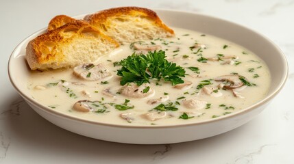 Healthy food concept showing White mushroom soup with parsley and breadsticks, AI generated image
