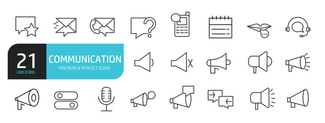 Set of line icons related to communication, speak, talk. Outline icons collection. Editable stroke. Vector illustration.