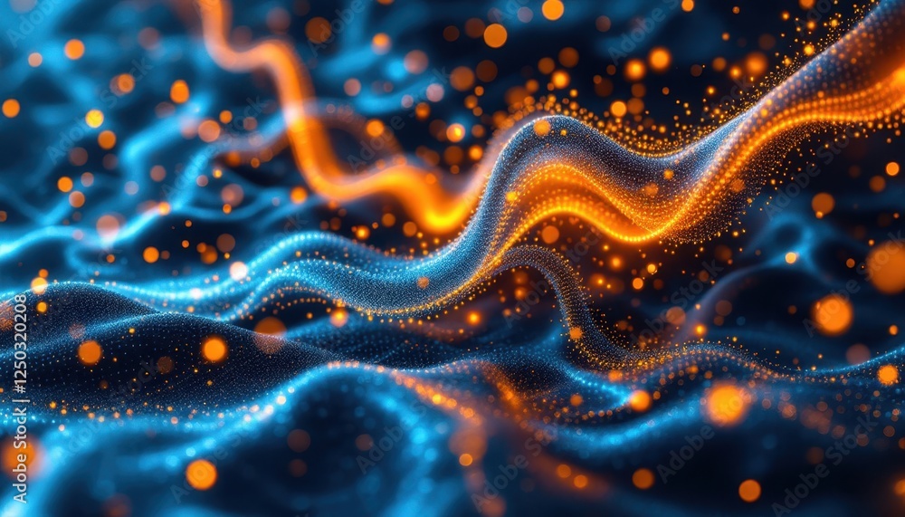 Poster dynamic blue and orange glowing waves with particle effects in abstract digital art