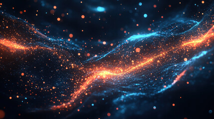 Obraz premium Abstract background with glowing particles and light trails on dark blue