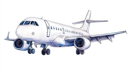 Watercolor Painting of a White Airplane in Flight