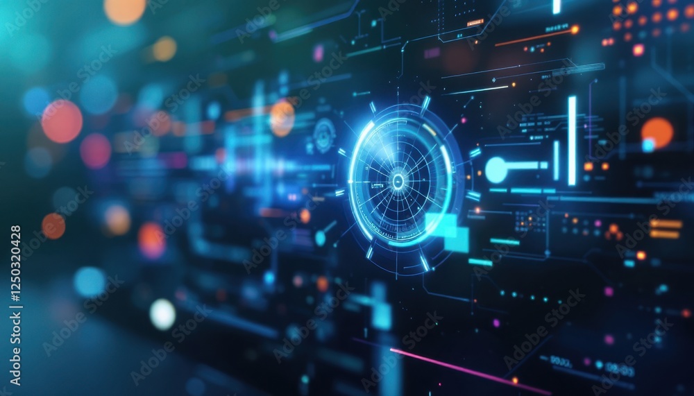 Aufkleber futuristic digital interface with neon blue circular hud and data visualizations