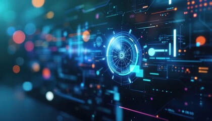 Futuristic digital interface with neon blue circular hud and data visualizations