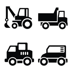 Construction Fleet Silhouettes Vector Icons of Excavators, Bulldozers, and Trucks
