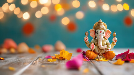 A beautifully decorated Ganesha statue surrounded by golden ornaments, with vibrant flowers and fruits