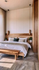 Minimalist Modern Bedroom with Wooden Furniture, White Bedding, and Natural Light from Large Windows