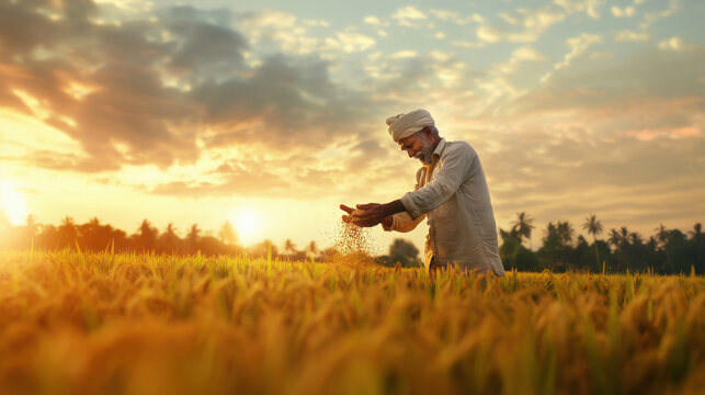 Indian farmer throwing fertilizer in the rice field.