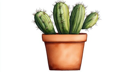 Fototapeta premium Watercolor Painting Of Green Cactus In Terracotta Pot On White Background