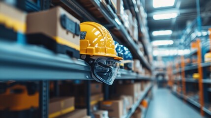 Safety gear in a warehouse setting, emphasizing industrial work environment.
