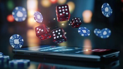 Online casino concept showing casino dice chip cards flying around a smartphone, AI generated image