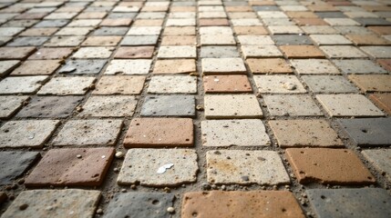 A Perspective View of a Multicolored Stone Pavement, Showing the Irregular Texture and Subtle Variations in Color of Each Square Tile, Creating a Visually Appealing and Textured Surface.