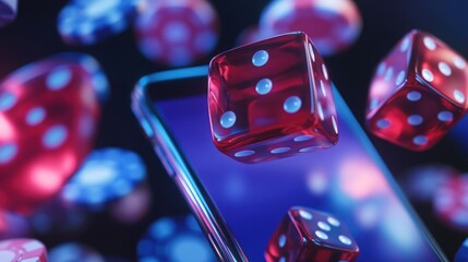 Online casino concept showing casino dice chip cards flying around a smartphone, AI generated image