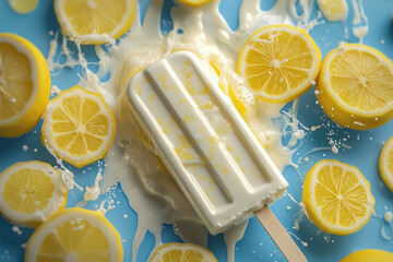 Yellow popsicles with lemon slices, sitting on a surface with a splash of milk.