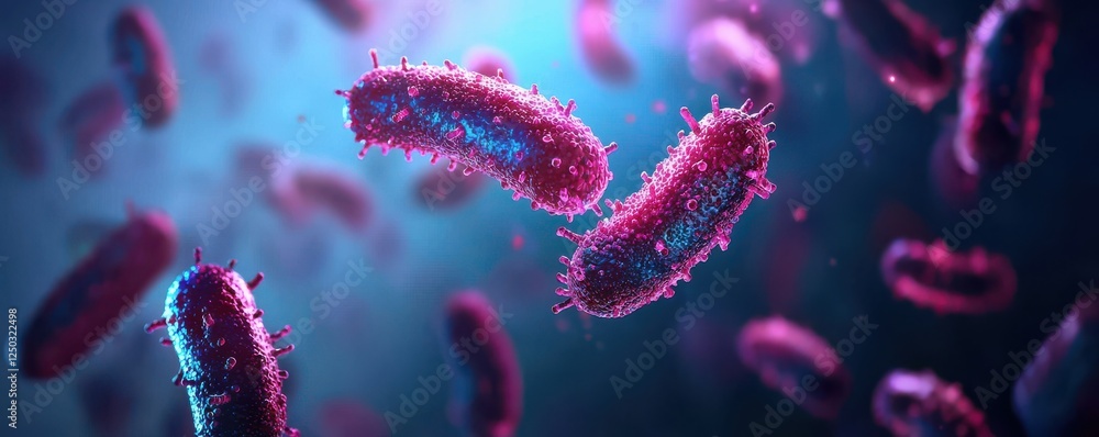 Poster exploring microscopic bacteria laboratory science visualization digital environment close-up microbi