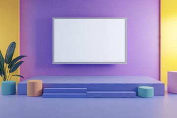 Luxe conference room with a white screen TV on a lavender wall in 3D, featuring soft lighting and colorful minimalist design for professional ads.