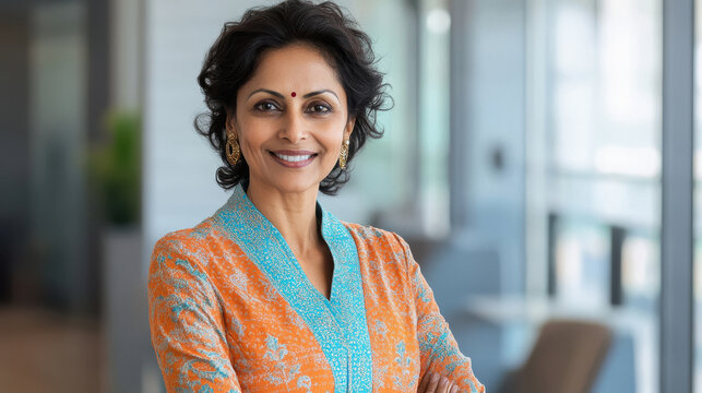 happy middle age woman standing confidently at office