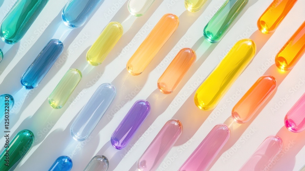 Aufkleber colorful transparent capsules arrayed on a white background with shadows