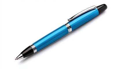Elegant Blue Metallic Pen Laying on a Clean White Surface Ready for Writing