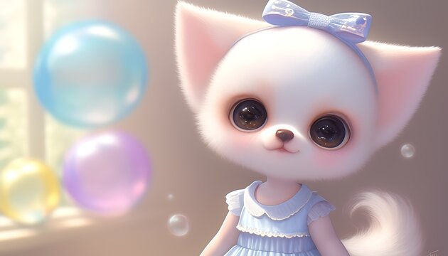 Fototapeta Cute digital fox girl with bubbles