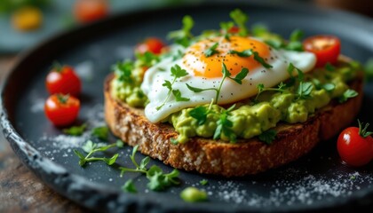 Fresh avocado toast with egg garnished by cherry tomatoes and herbs on dark plate