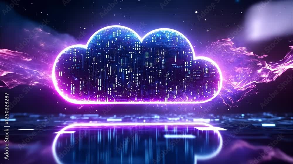 Poster a vibrant cloud icon composed of digital patterns and glowing effects, set against a futuristic back