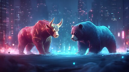 A futuristic financial scene featuring a golden bull and bear facing off against a dark crypto-themed backdrop