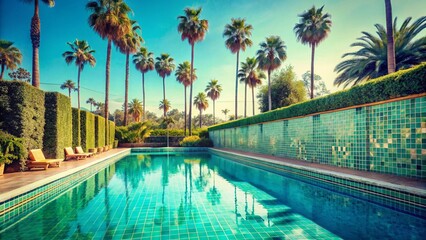 Fototapeta premium Vintage Swimming Pool, Colorful Walls, Palm Trees, Sunny Day, Retro Summer